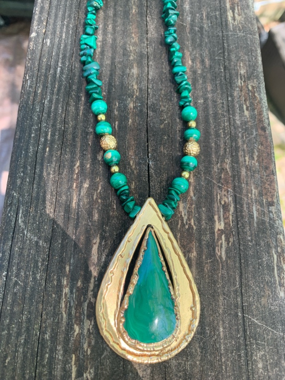 Green Malachite Teardrop Pendant Necklace - Gold Accents